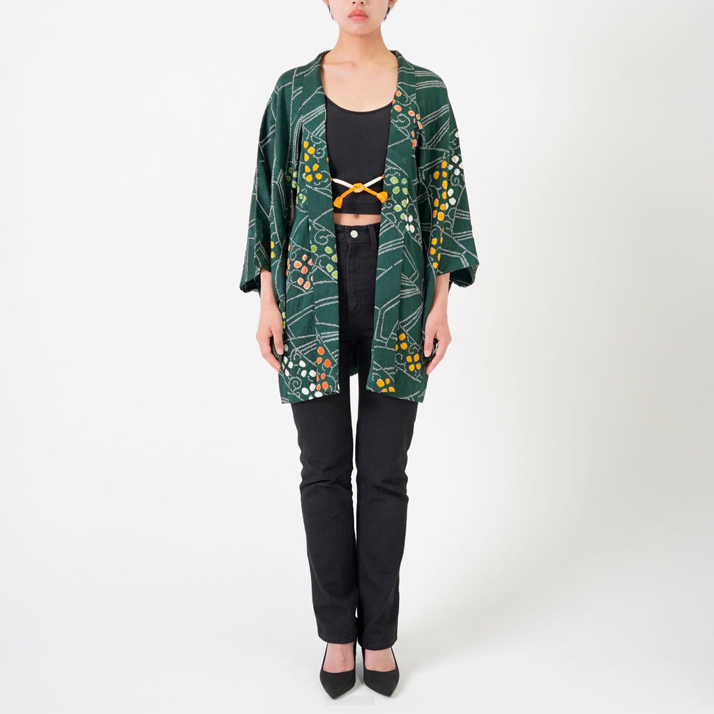 Vintage Kimono Jacket (Haori) - Green Shibori-Dyed H001