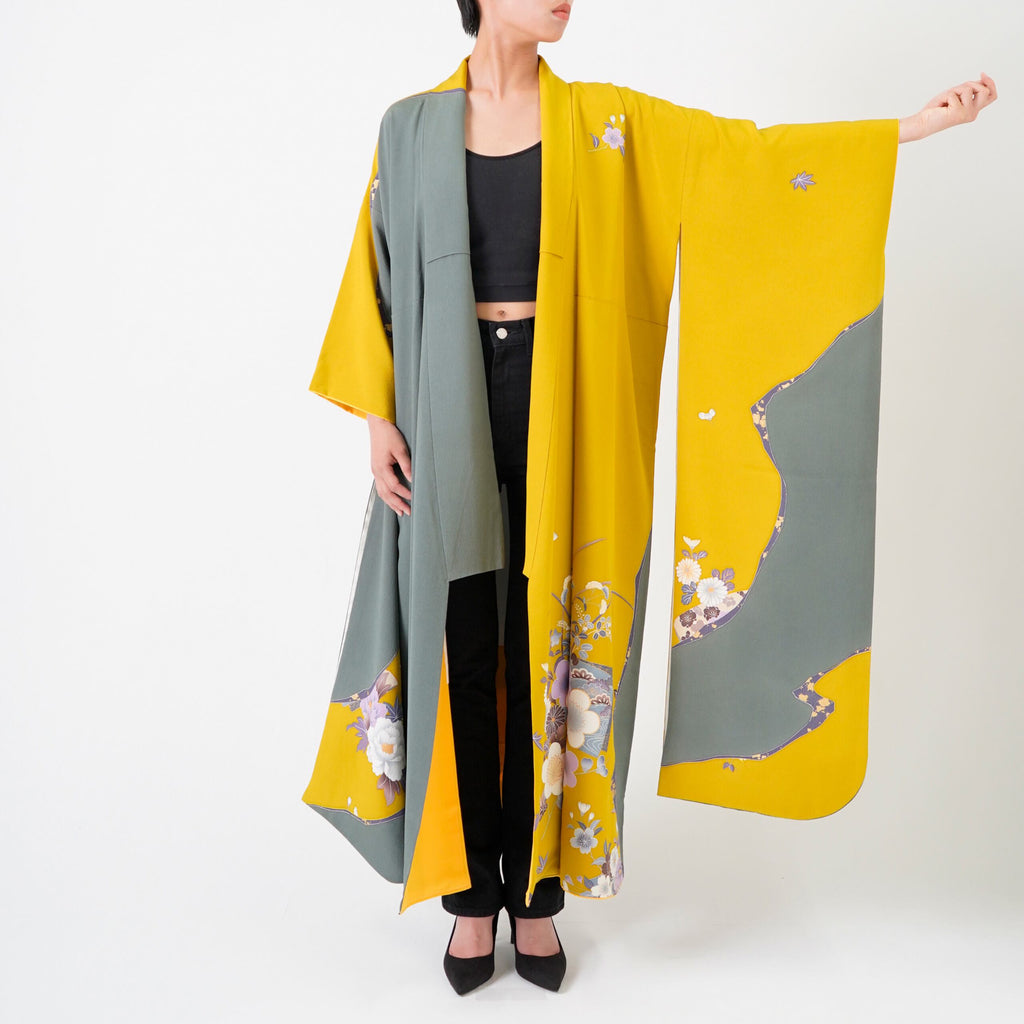 Handcrafted Robe from Vintage Kimono - Yellow Flower Grass Design D017
