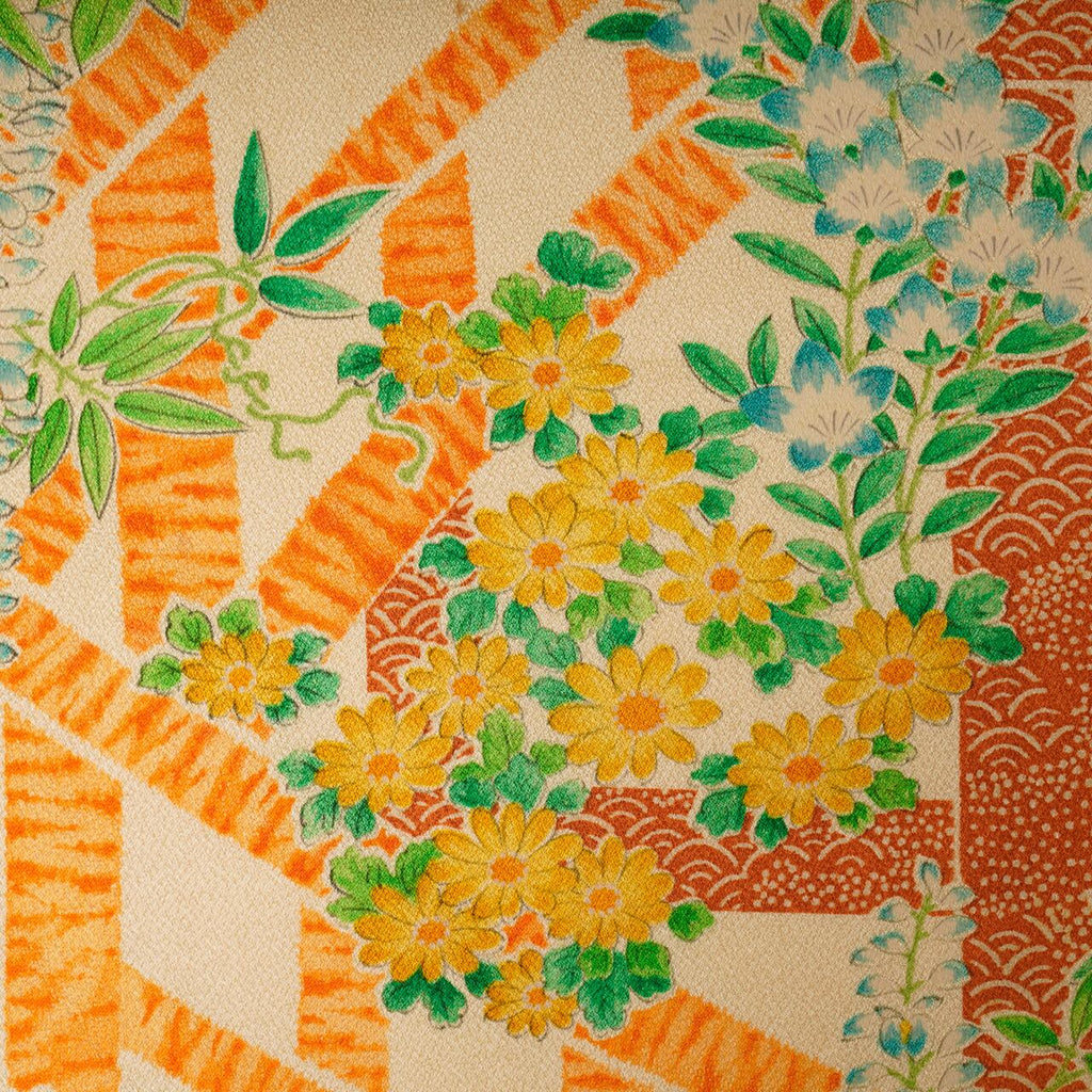 Handcrafted Robe from Vintage Kimono - Orange-Yellow Botanical Design D006