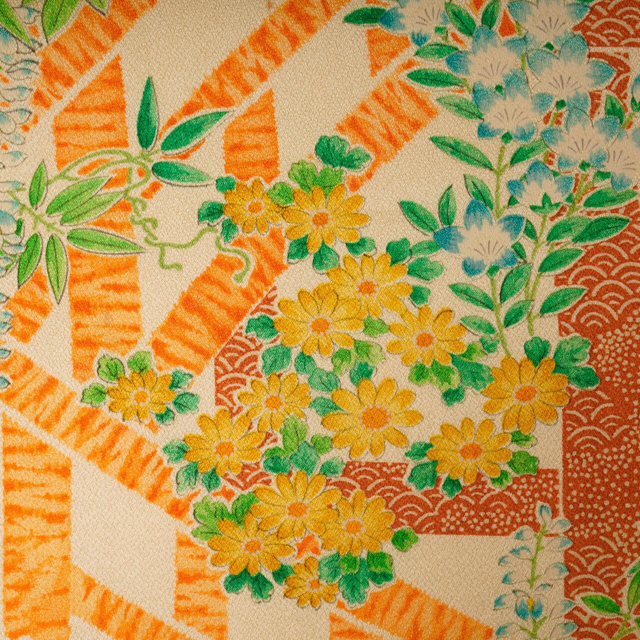 Handcrafted Robe from Vintage Kimono - Orange-Yellow Botanical Design D006