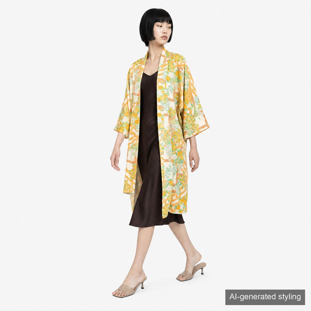 Handcrafted Robe from Vintage Kimono - Orange-Yellow Botanical Design D006