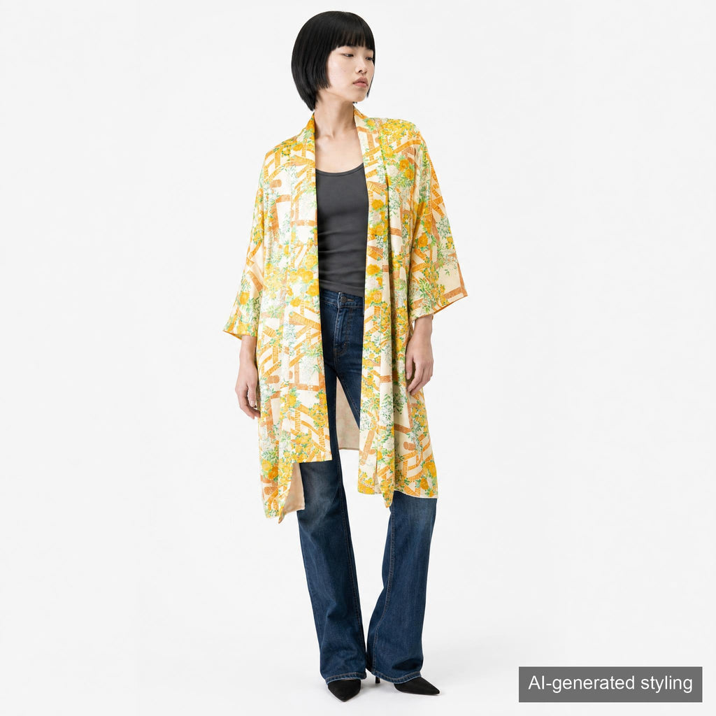 Handcrafted Robe from Vintage Kimono - Orange-Yellow Botanical Design D006