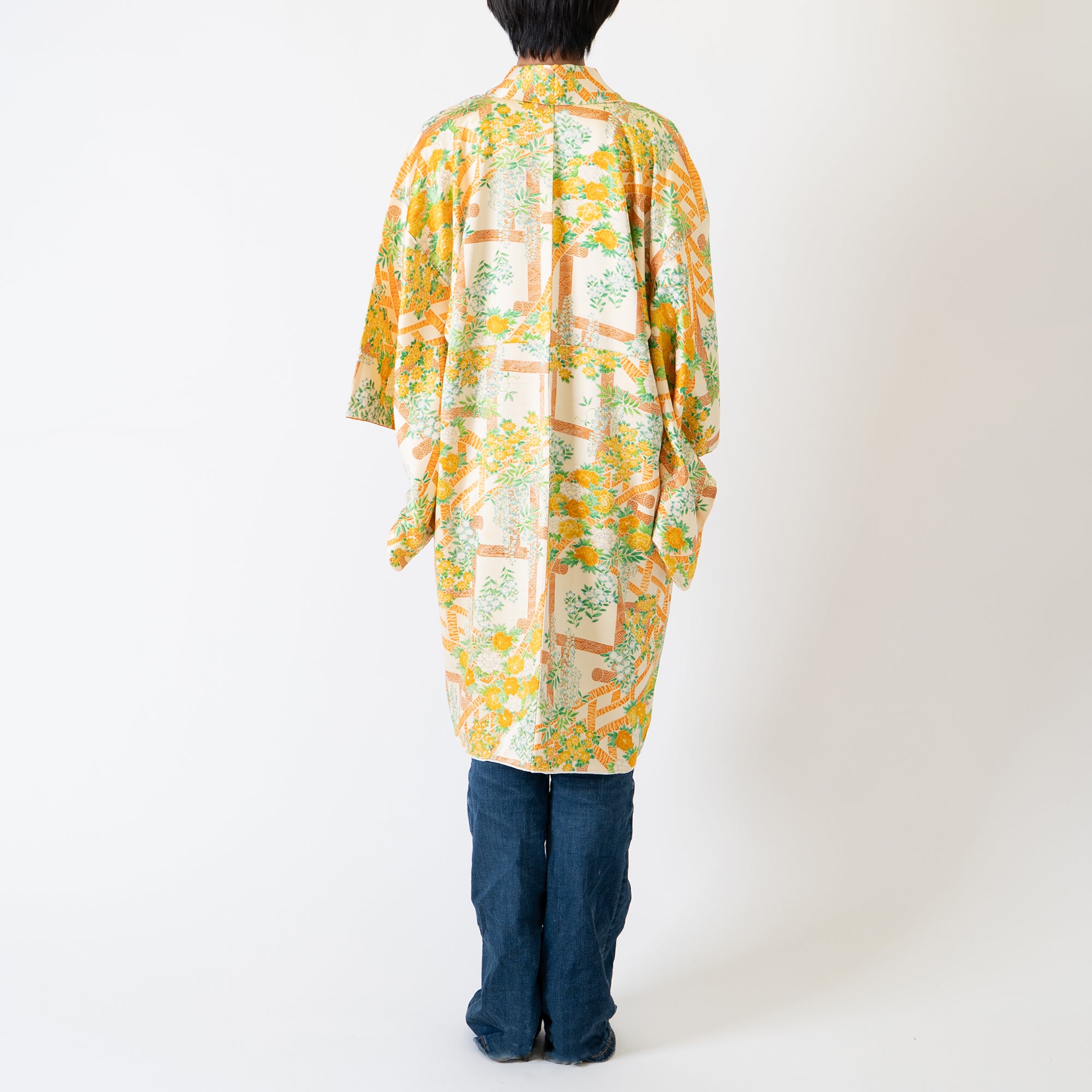Handcrafted Robe from Vintage Kimono - Orange-Yellow Botanical Design D006