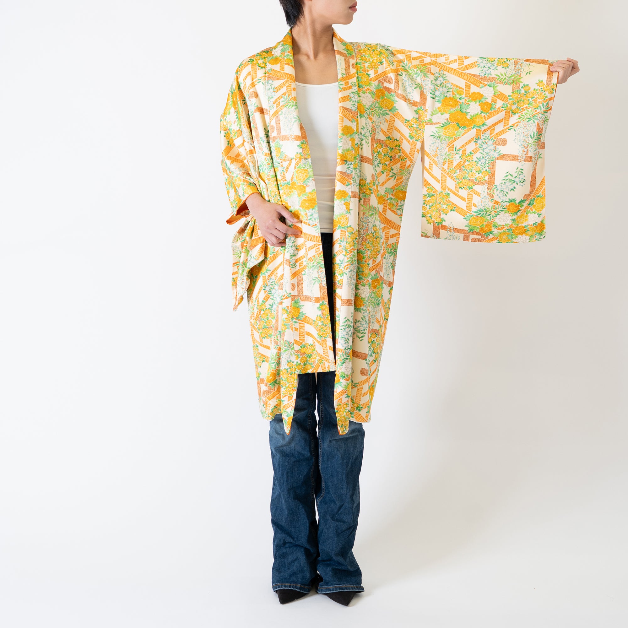 Handcrafted Robe from Vintage Kimono - Orange-Yellow Botanical Design D006