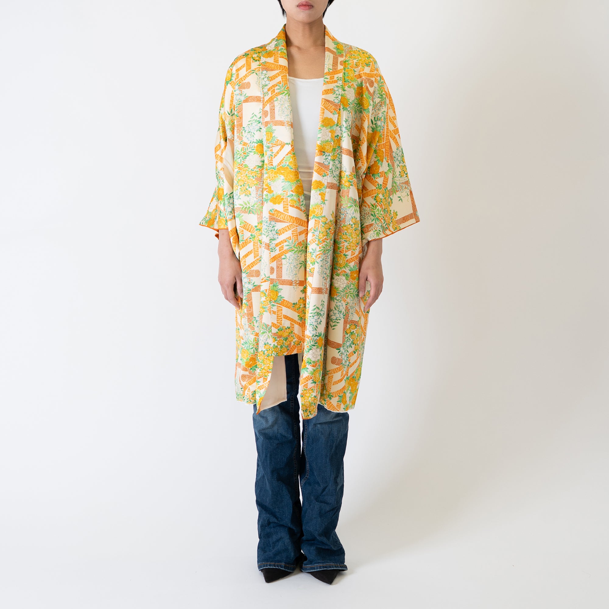 Handcrafted Robe from Vintage Kimono - Orange-Yellow Botanical Design D006