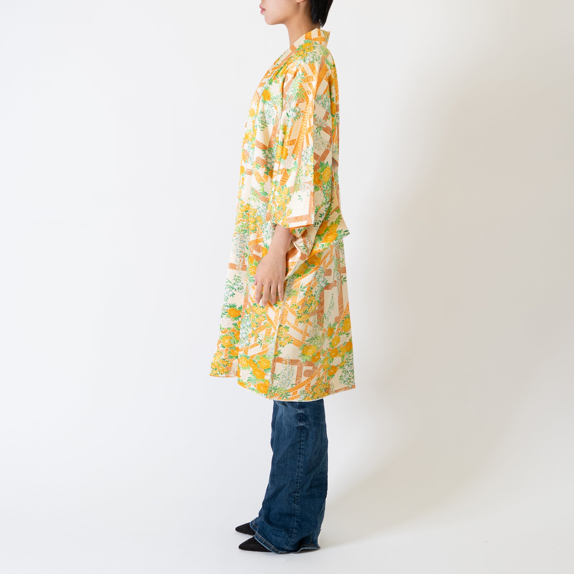 Handcrafted Robe from Vintage Kimono - Orange-Yellow Botanical Design D006