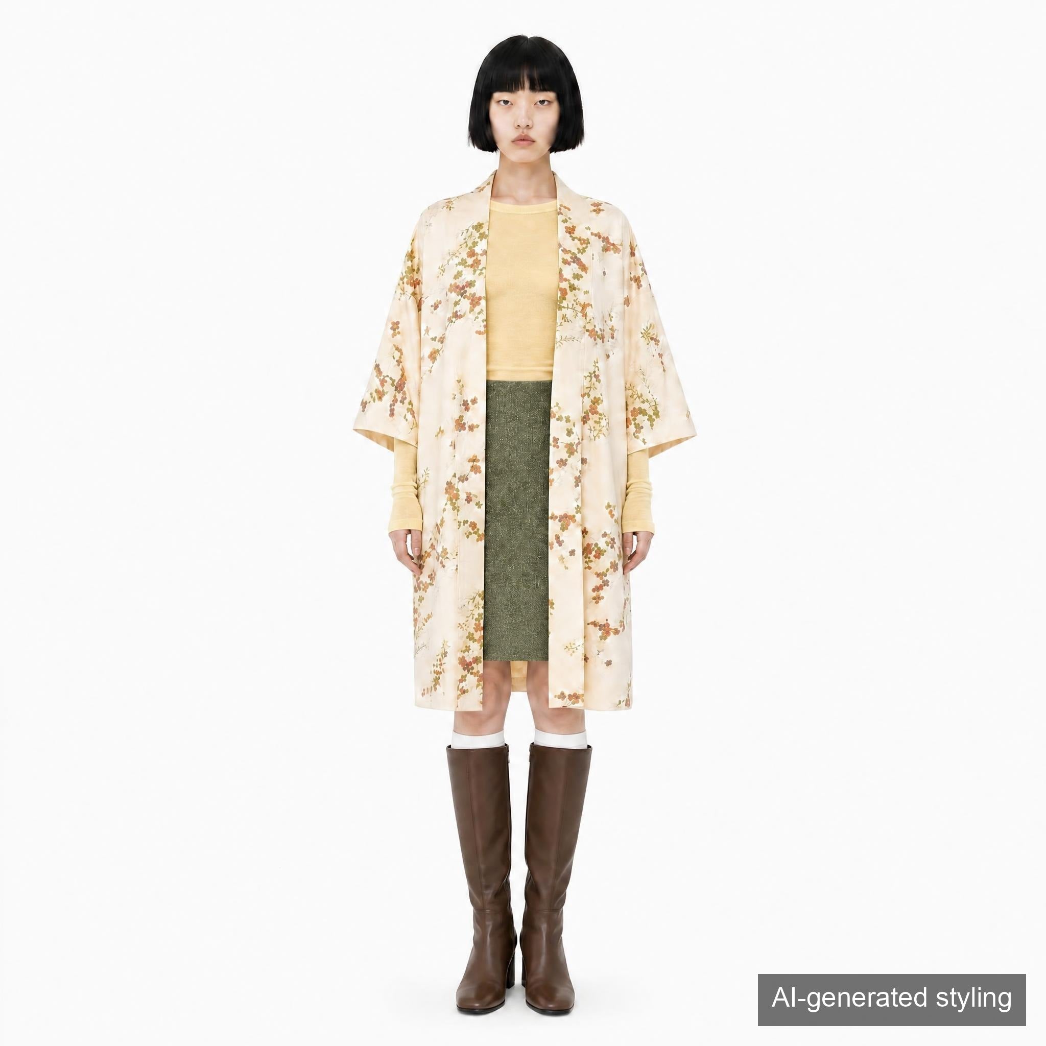 Handcrafted Robe from Vintage Kimono - Cream Floral Design D008
