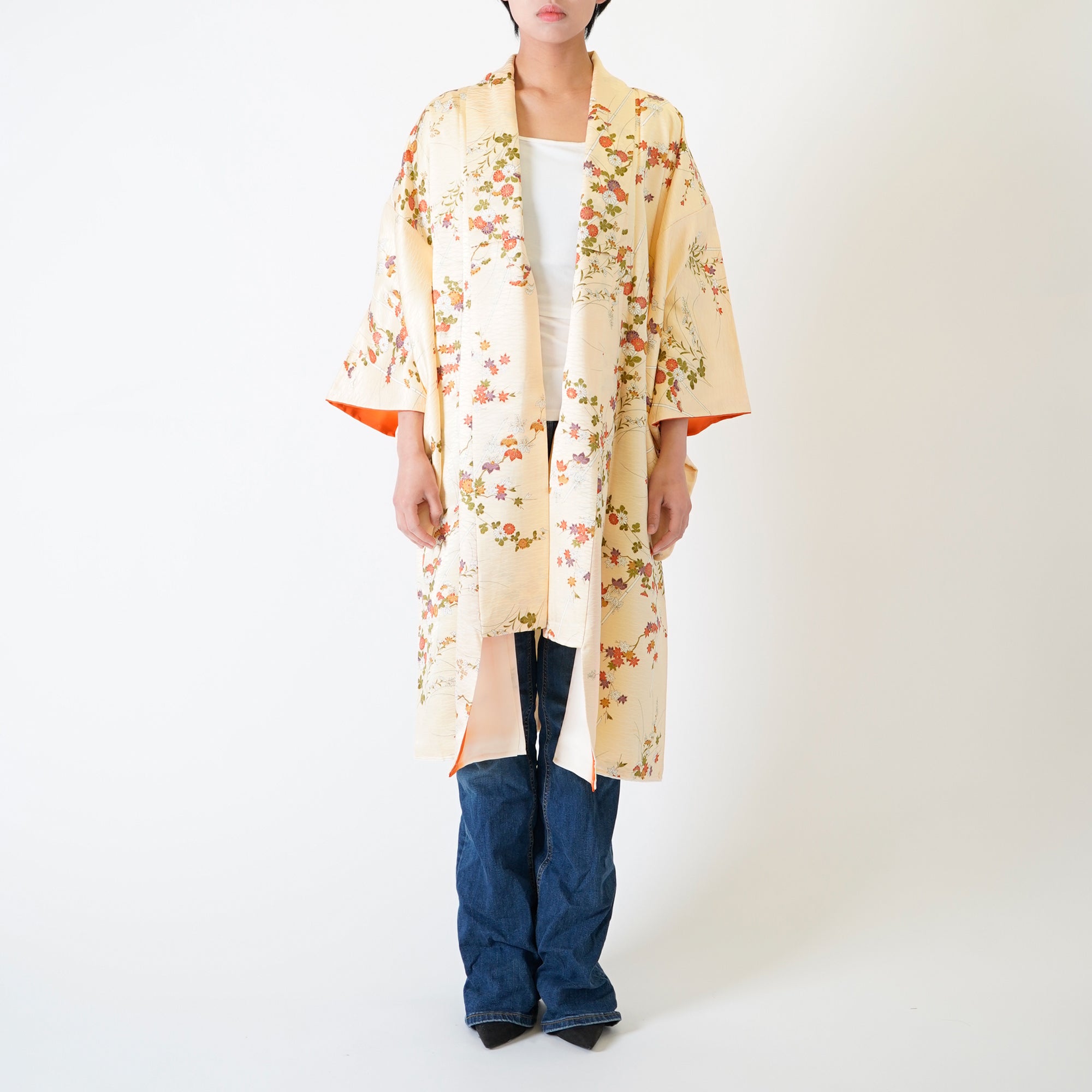 Handcrafted Robe from Vintage Kimono - Cream Floral Design D008