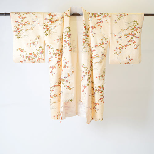 Handcrafted Robe from Vintage Kimono - Cream Floral Design D008