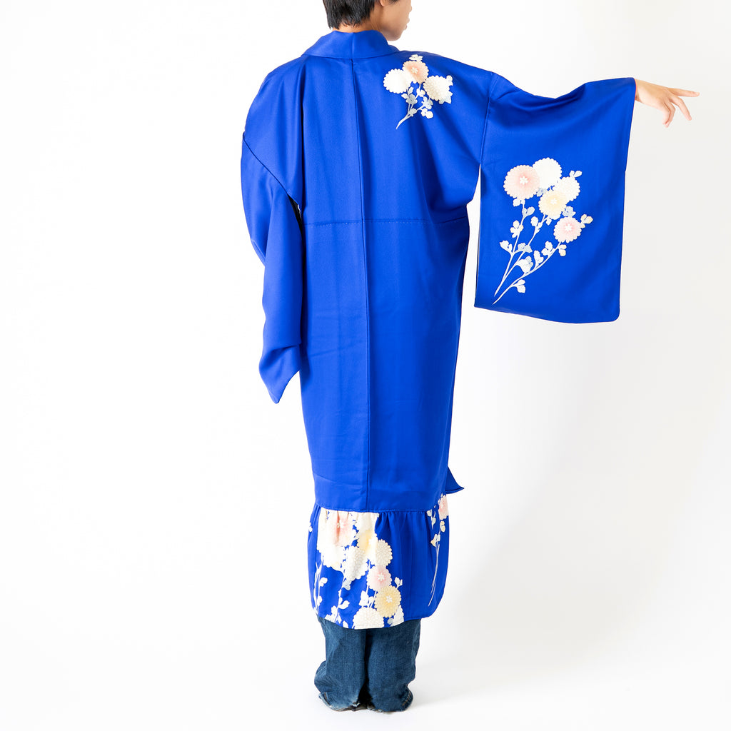 Handcrafted Robe from Vintage Kimono - Blue-purple Floral Design D010