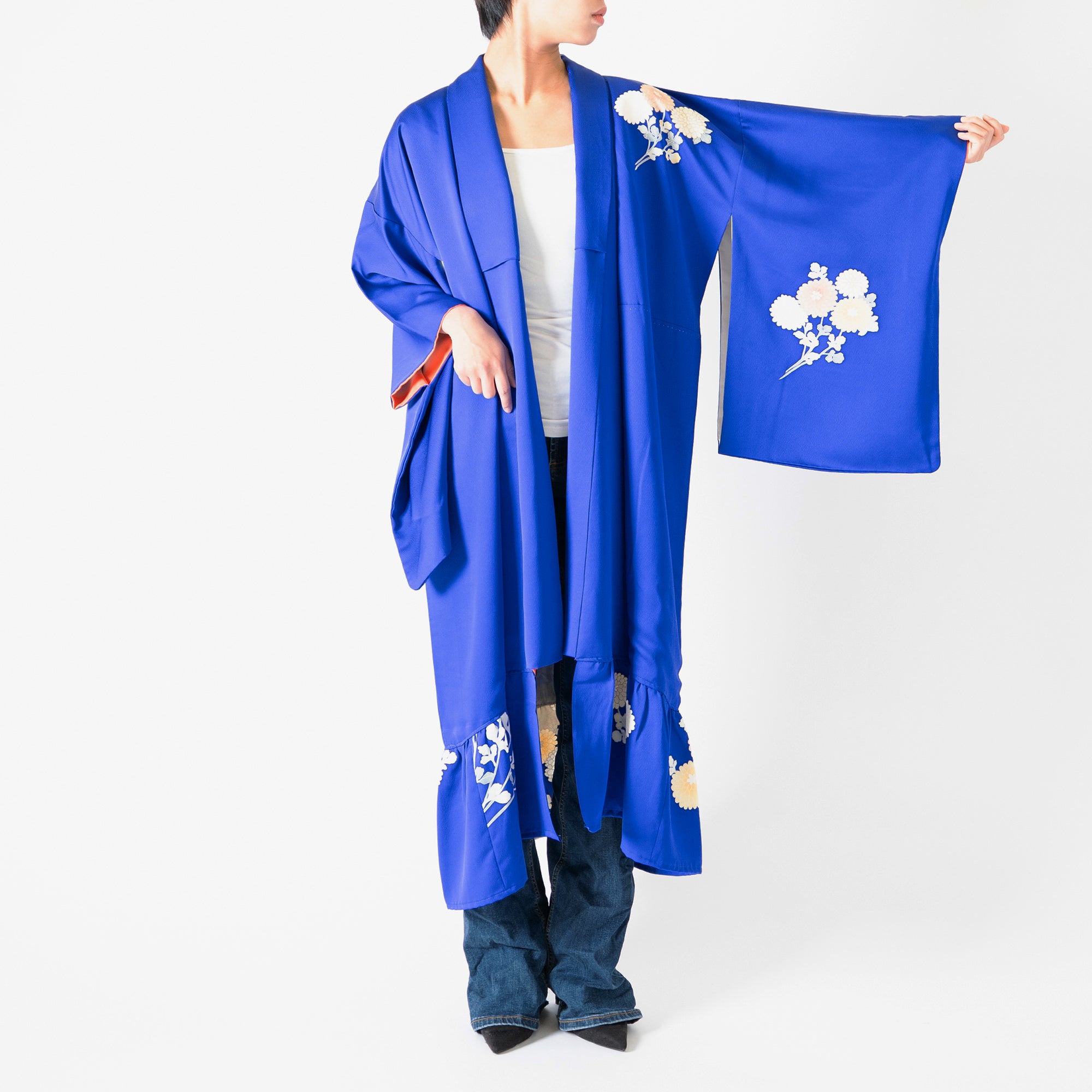 Handcrafted Robe from Vintage Kimono - Blue-purple Floral Design D010