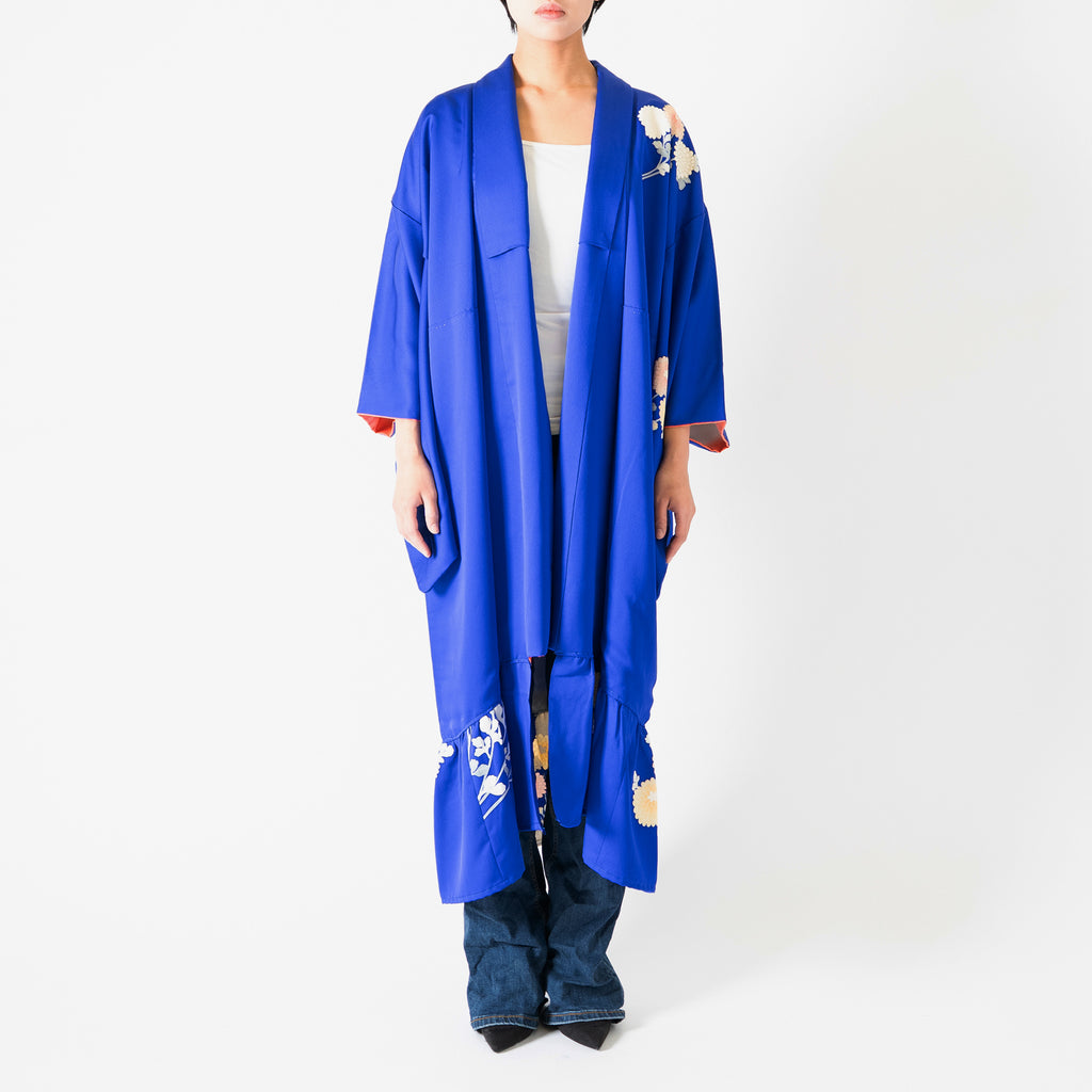 Handcrafted Robe from Vintage Kimono - Blue-purple Floral Design D010