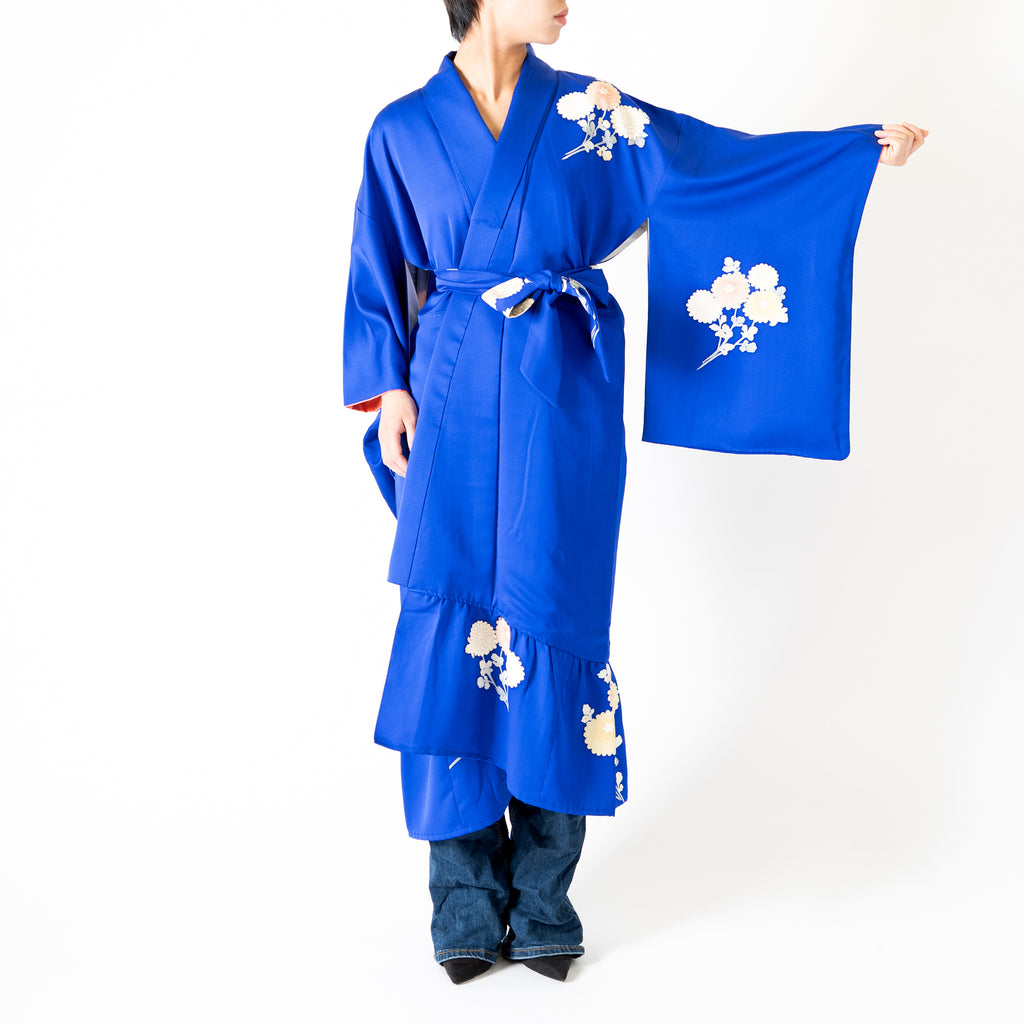 Handcrafted Robe from Vintage Kimono - Blue-purple Floral Design D010
