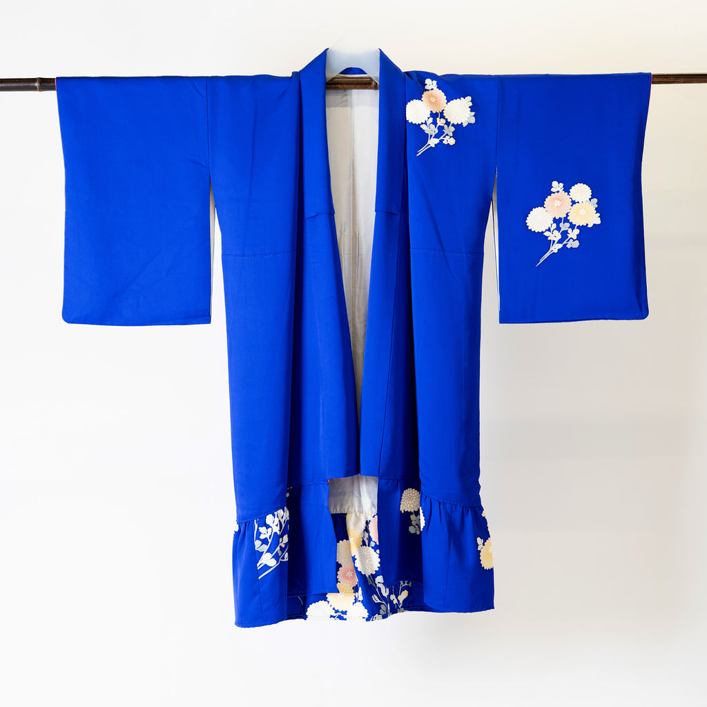 Handcrafted Robe from Vintage Kimono - Blue-purple Floral Design D010