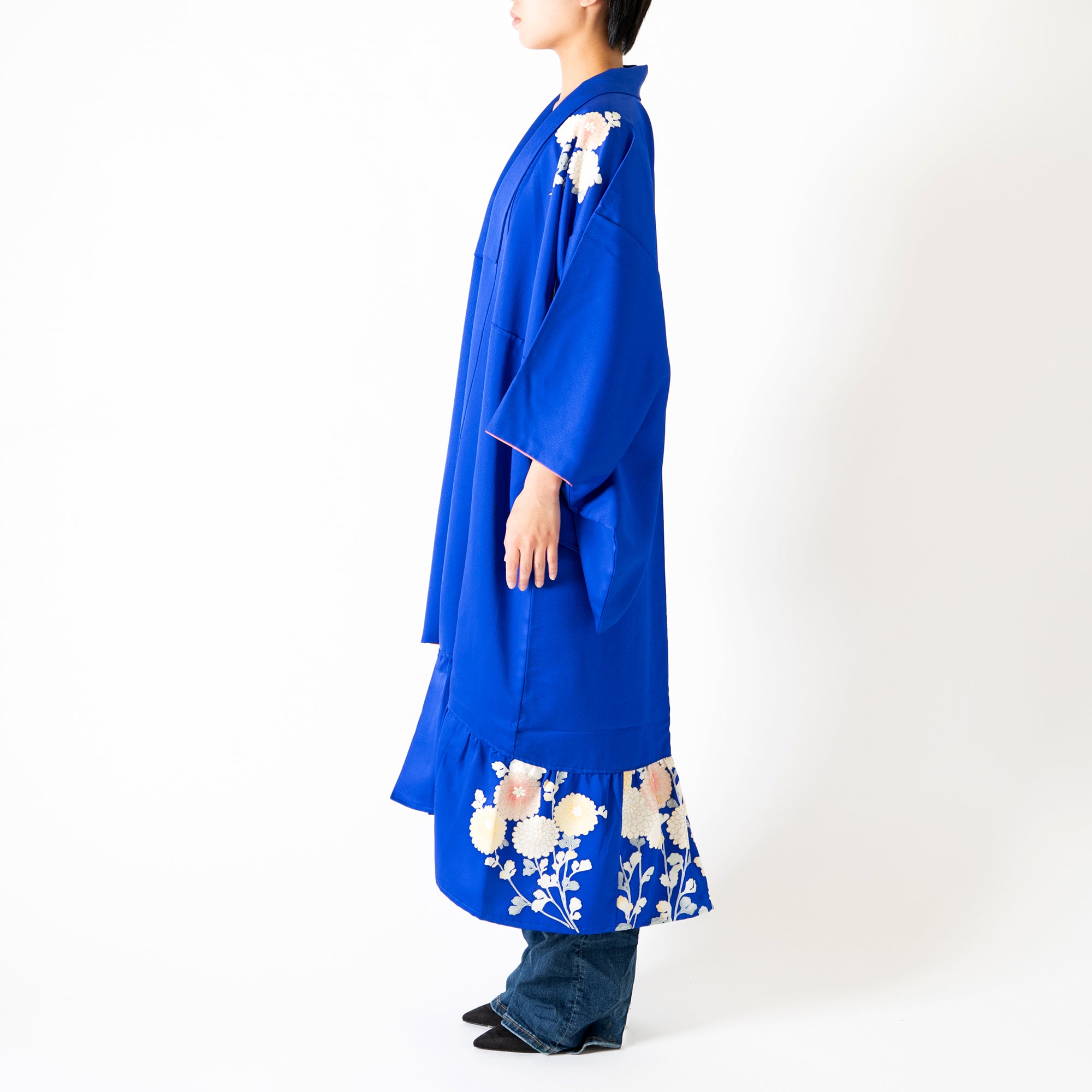 Handcrafted Robe from Vintage Kimono - Blue-purple Floral Design D010