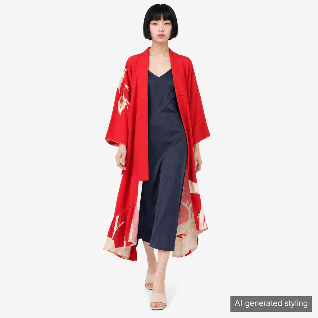 Handcrafted Robe from Vintage Kimono - Red Botanical Design D011