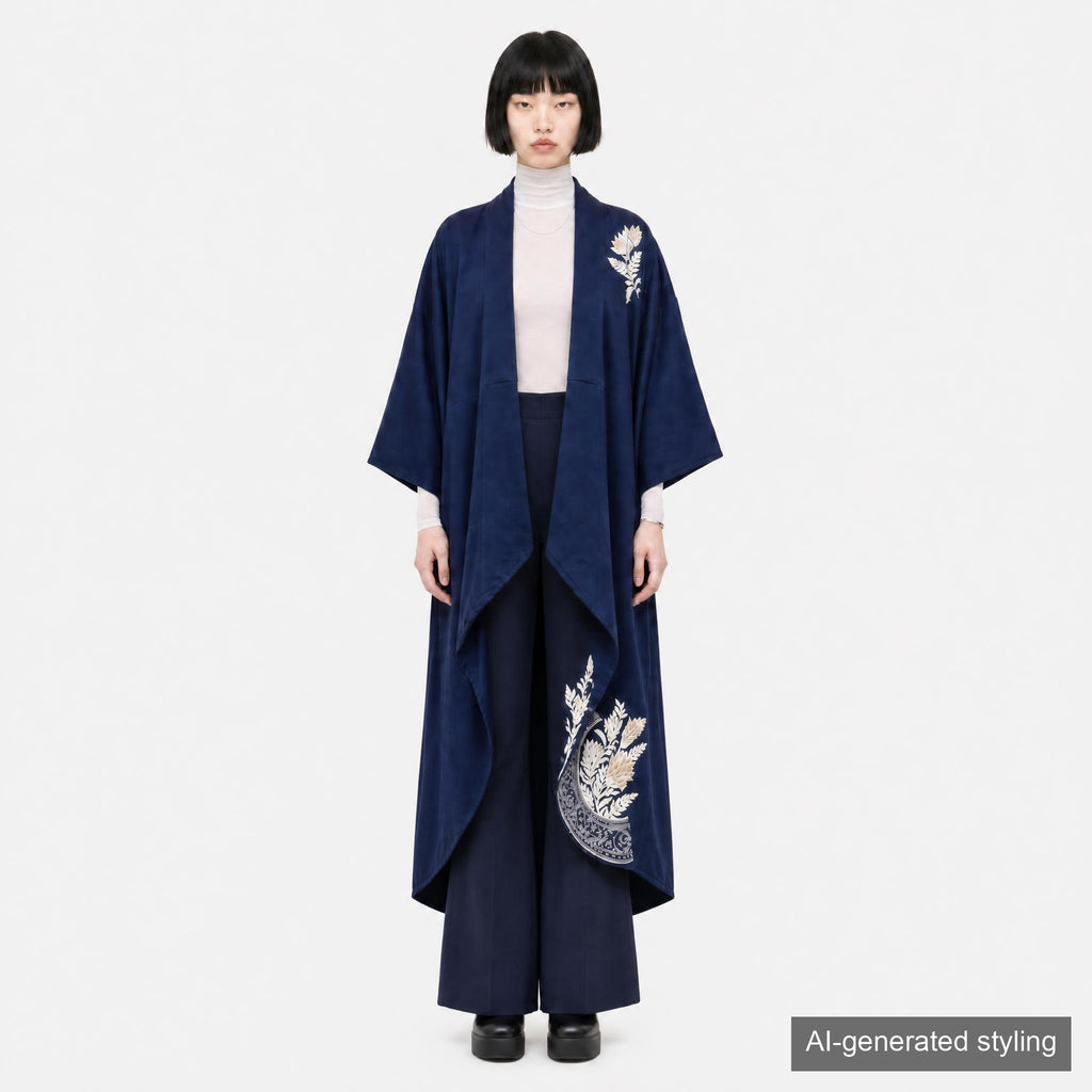 Handcrafted Robe from Vintage Kimono - Navy Flower Design D012