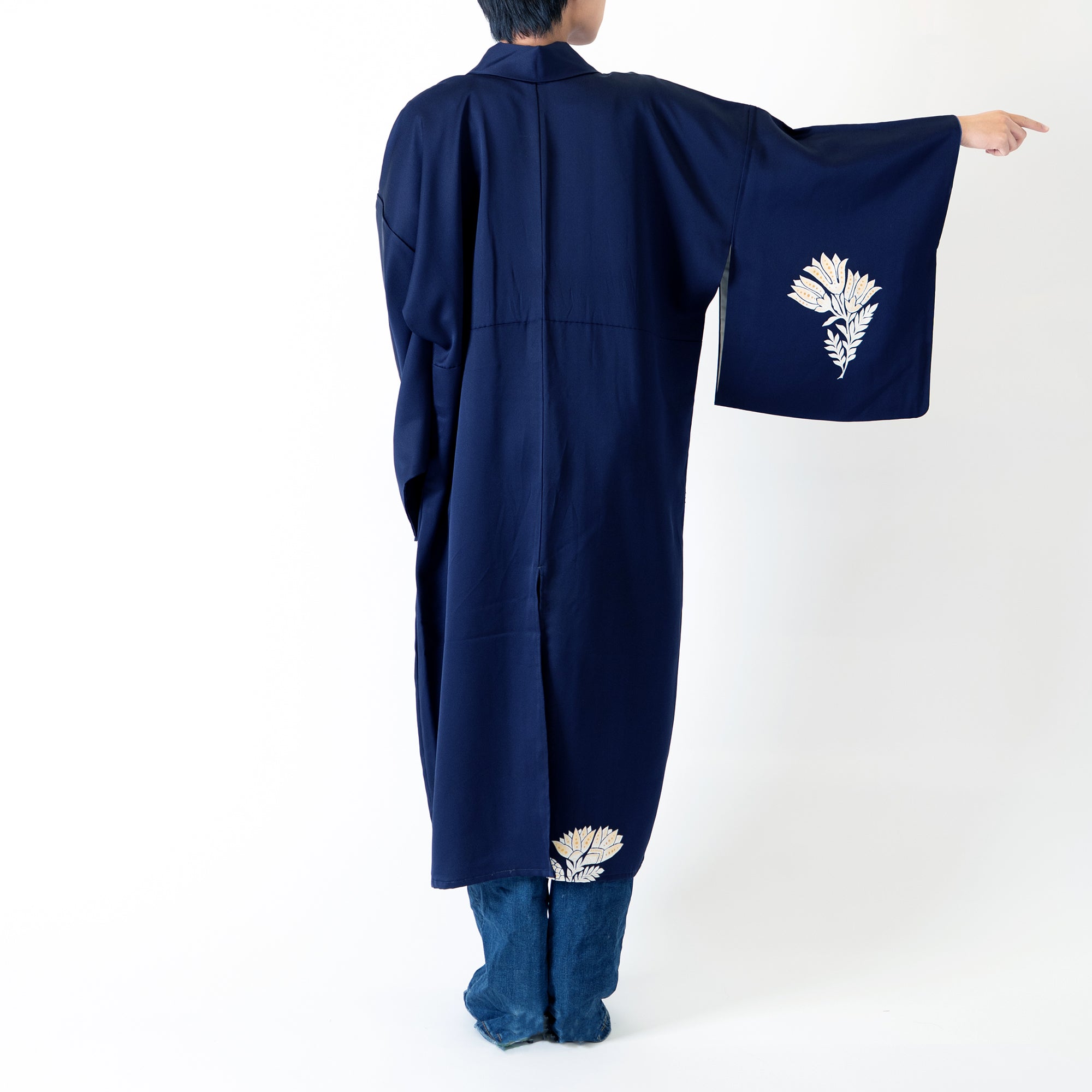 Handcrafted Robe from Vintage Kimono - Navy Flower Design D012
