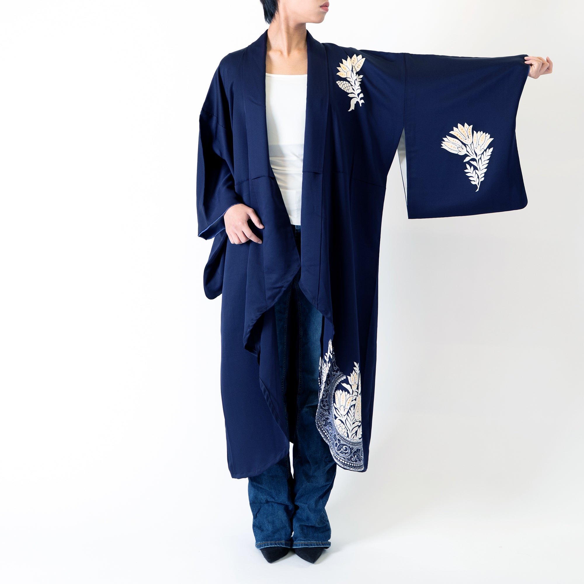 Handcrafted Robe from Vintage Kimono - Navy Flower Design D012