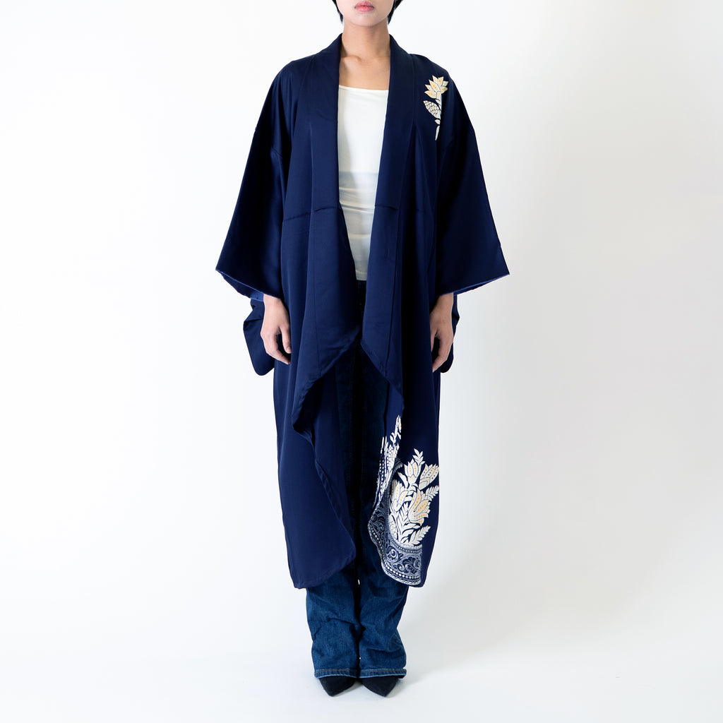 Handcrafted Robe from Vintage Kimono - Navy Flower Design D012
