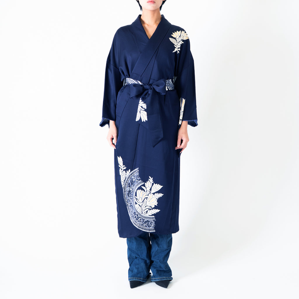 Handcrafted Robe from Vintage Kimono - Navy Flower Design D012