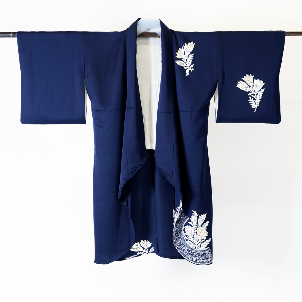 Handcrafted Robe from Vintage Kimono - Navy Flower Design D012