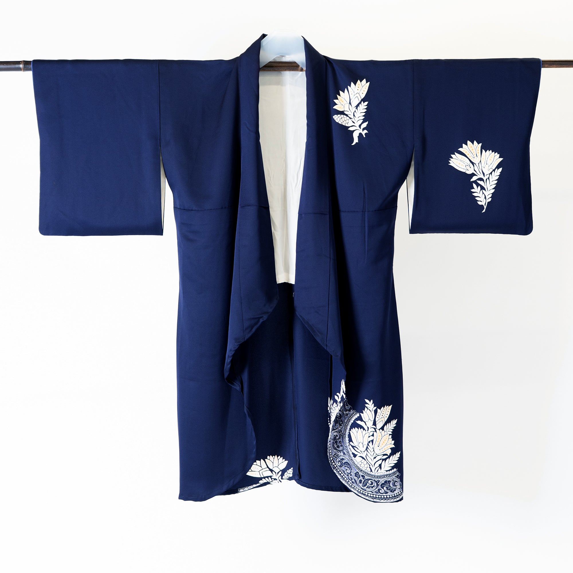 Handcrafted Robe from Vintage Kimono - Navy Flower Design D012