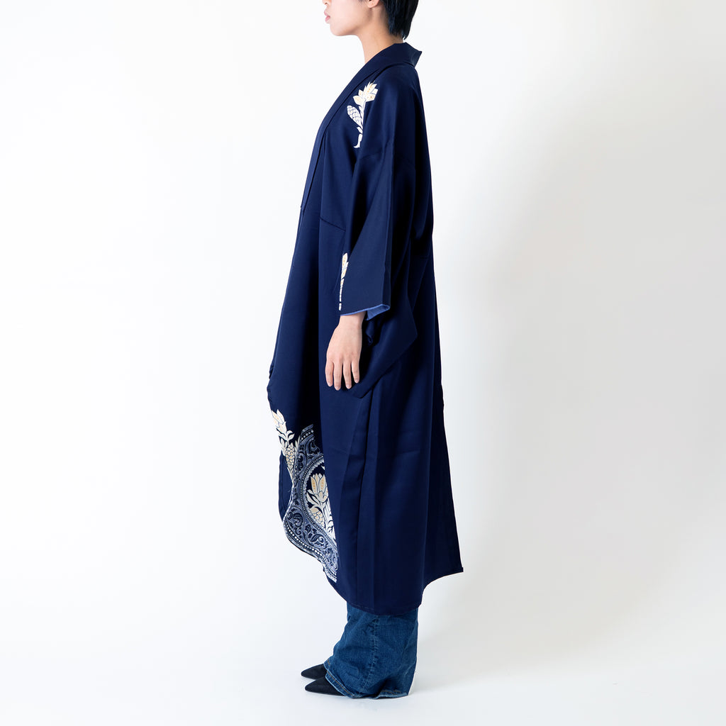 Handcrafted Robe from Vintage Kimono - Navy Flower Design D012