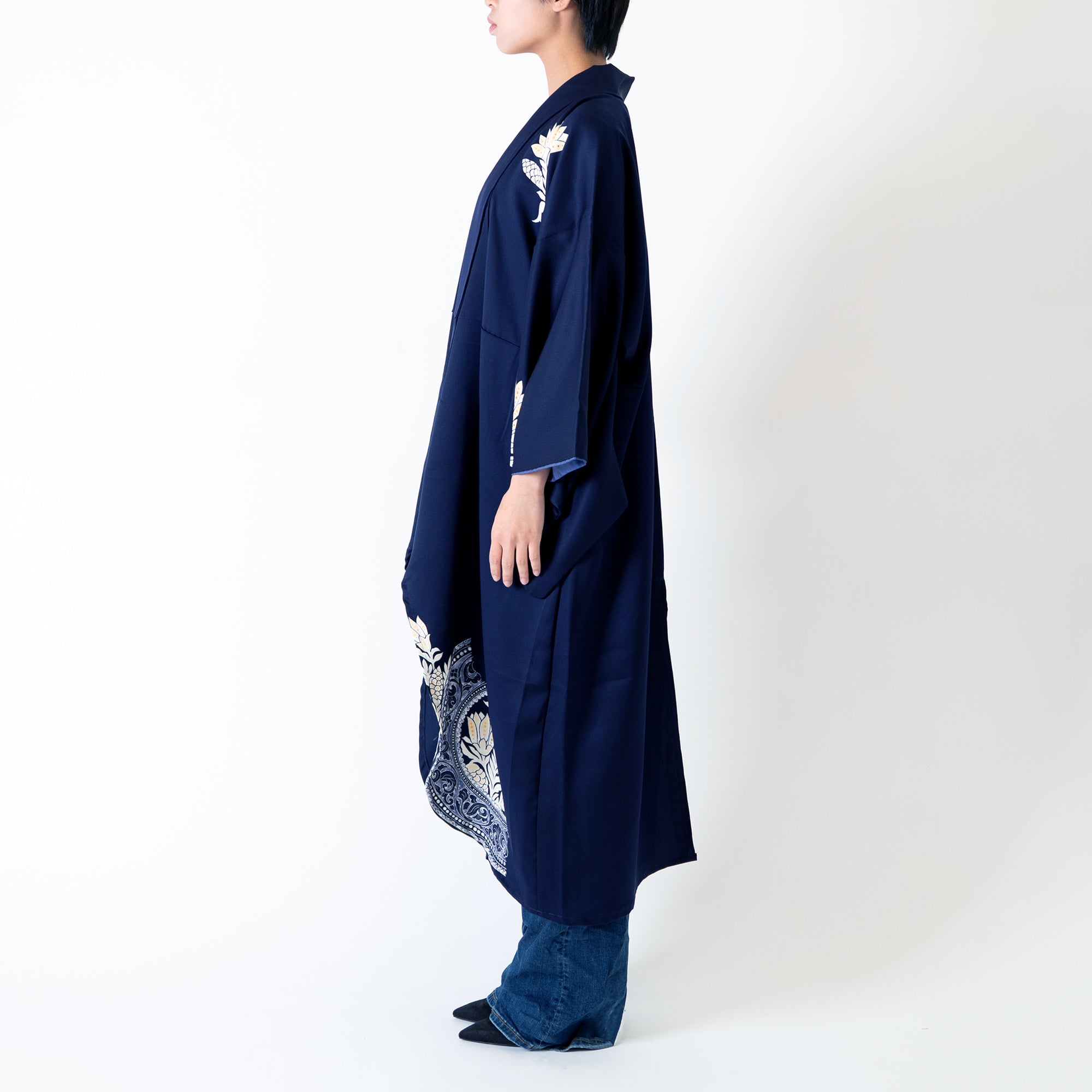 Handcrafted Robe from Vintage Kimono - Navy Flower Design D012