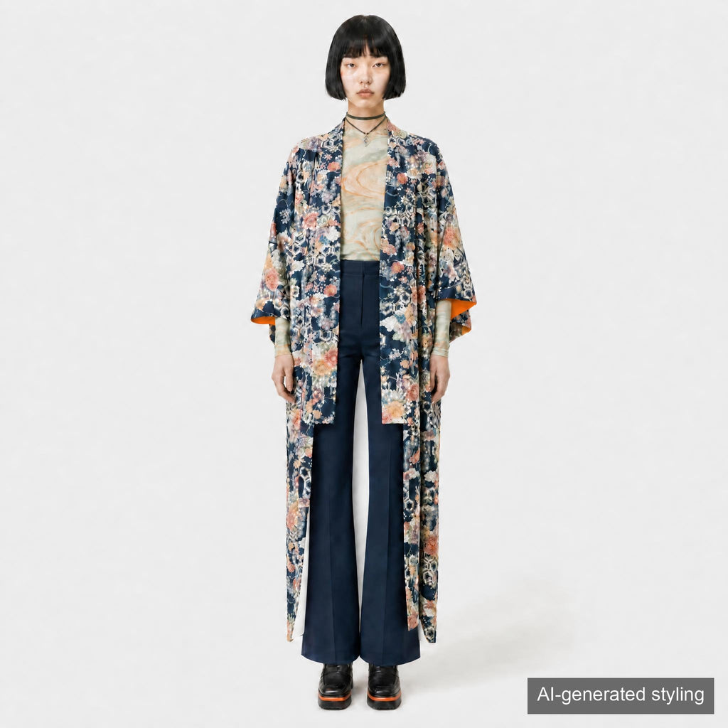 Handcrafted Robe from Vintage Kimono - Navy Blue Floral Design "Bingata"-Dyed D013