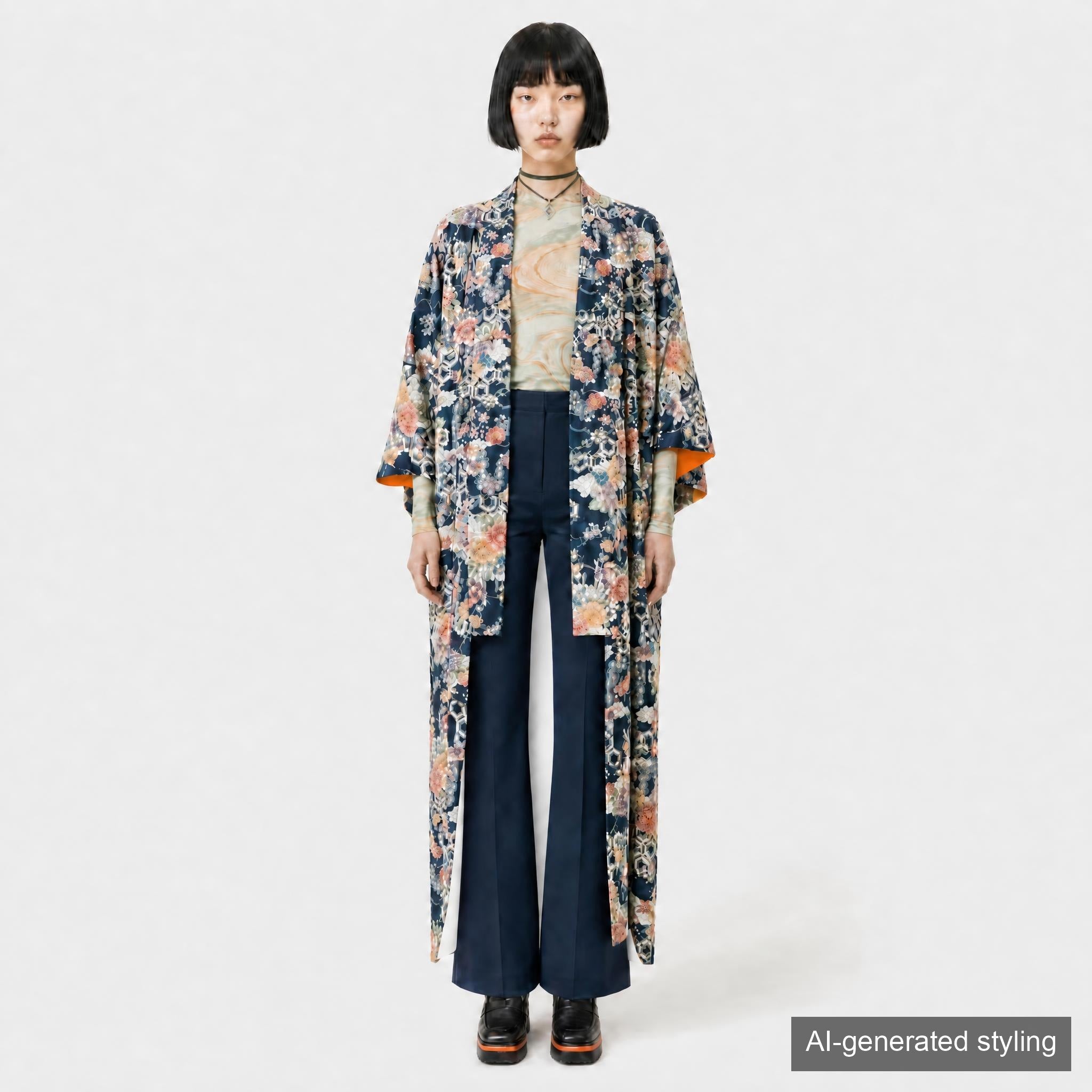 Handcrafted Robe from Vintage Kimono - Navy Blue Floral Design "Bingata"-Dyed D013