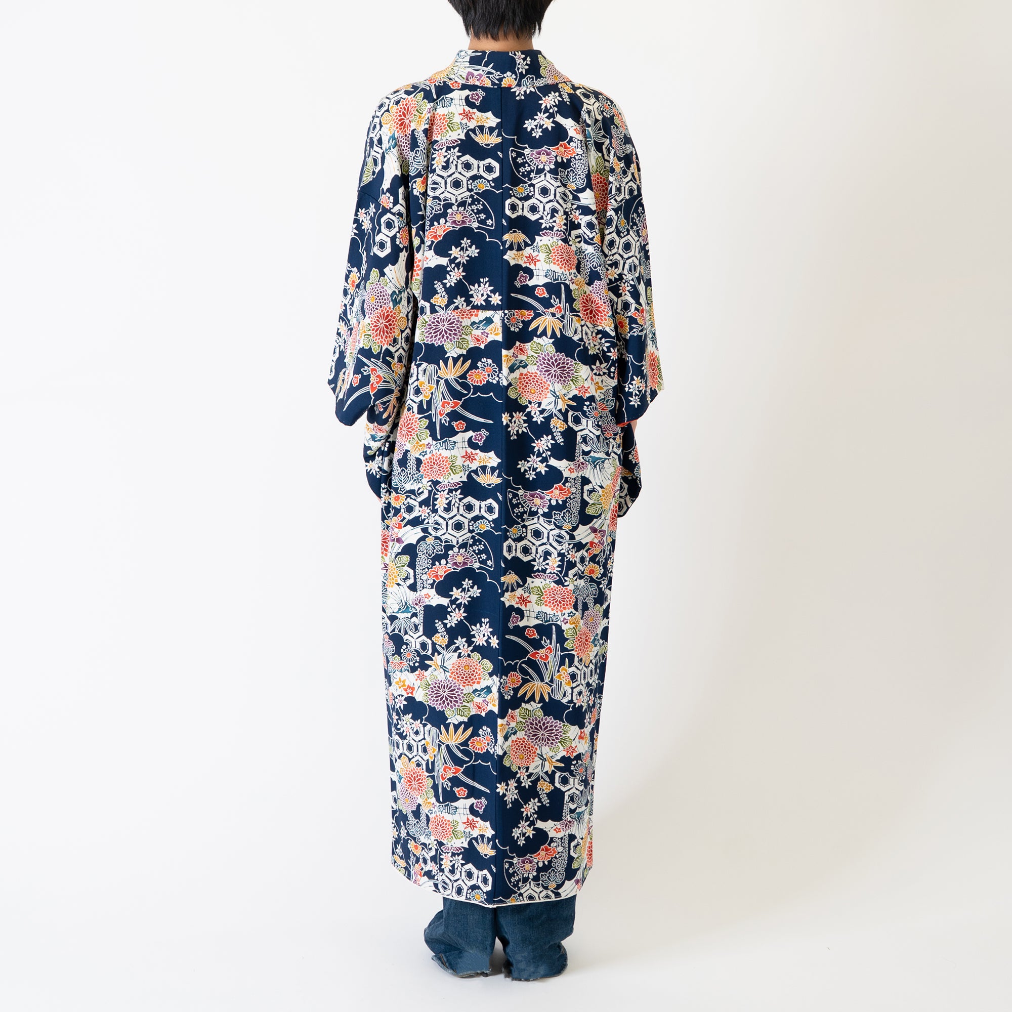 Handcrafted Robe from Vintage Kimono - Navy Blue Floral Design "Bingata"-Dyed D013