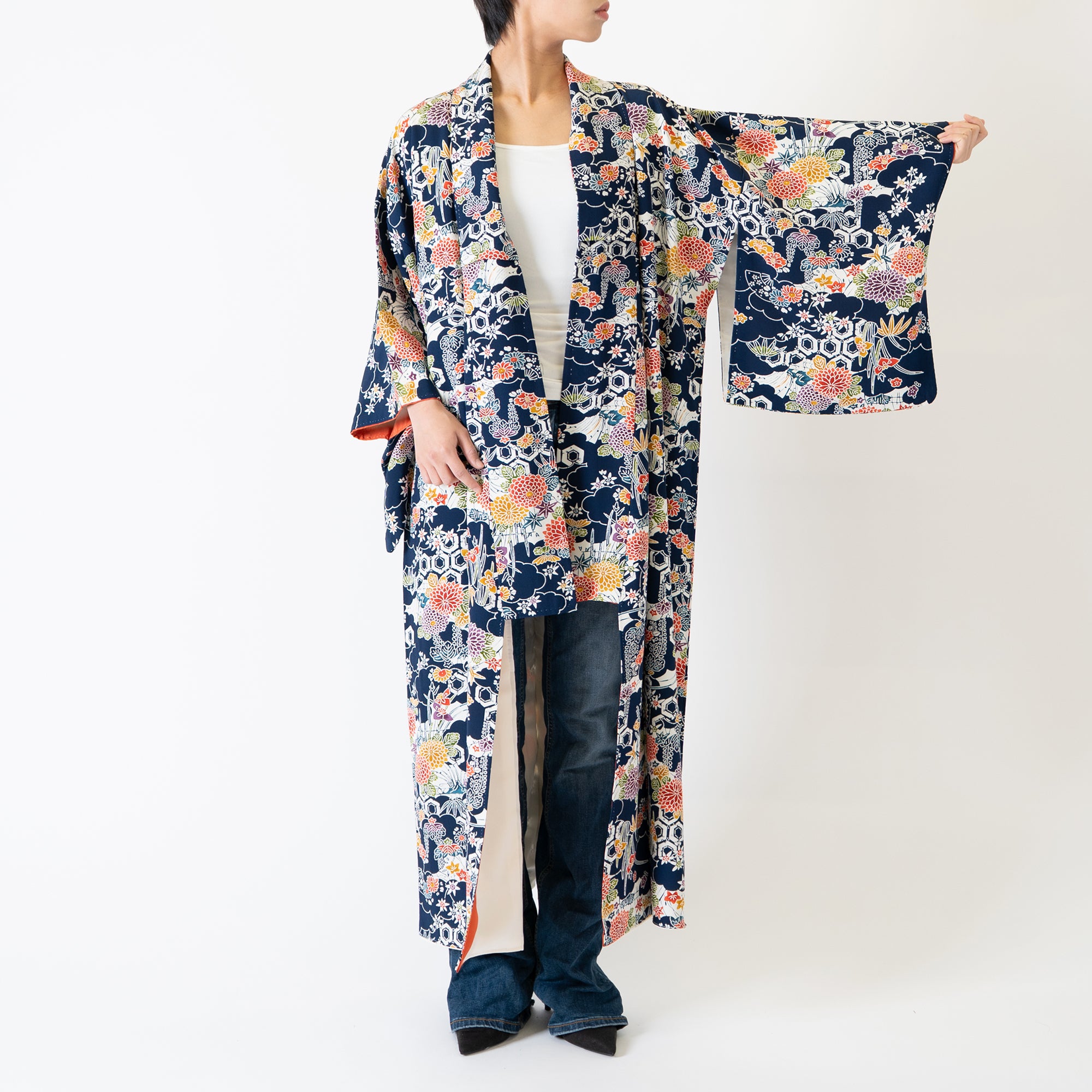 Handcrafted Robe from Vintage Kimono - Navy Blue Floral Design "Bingata"-Dyed D013