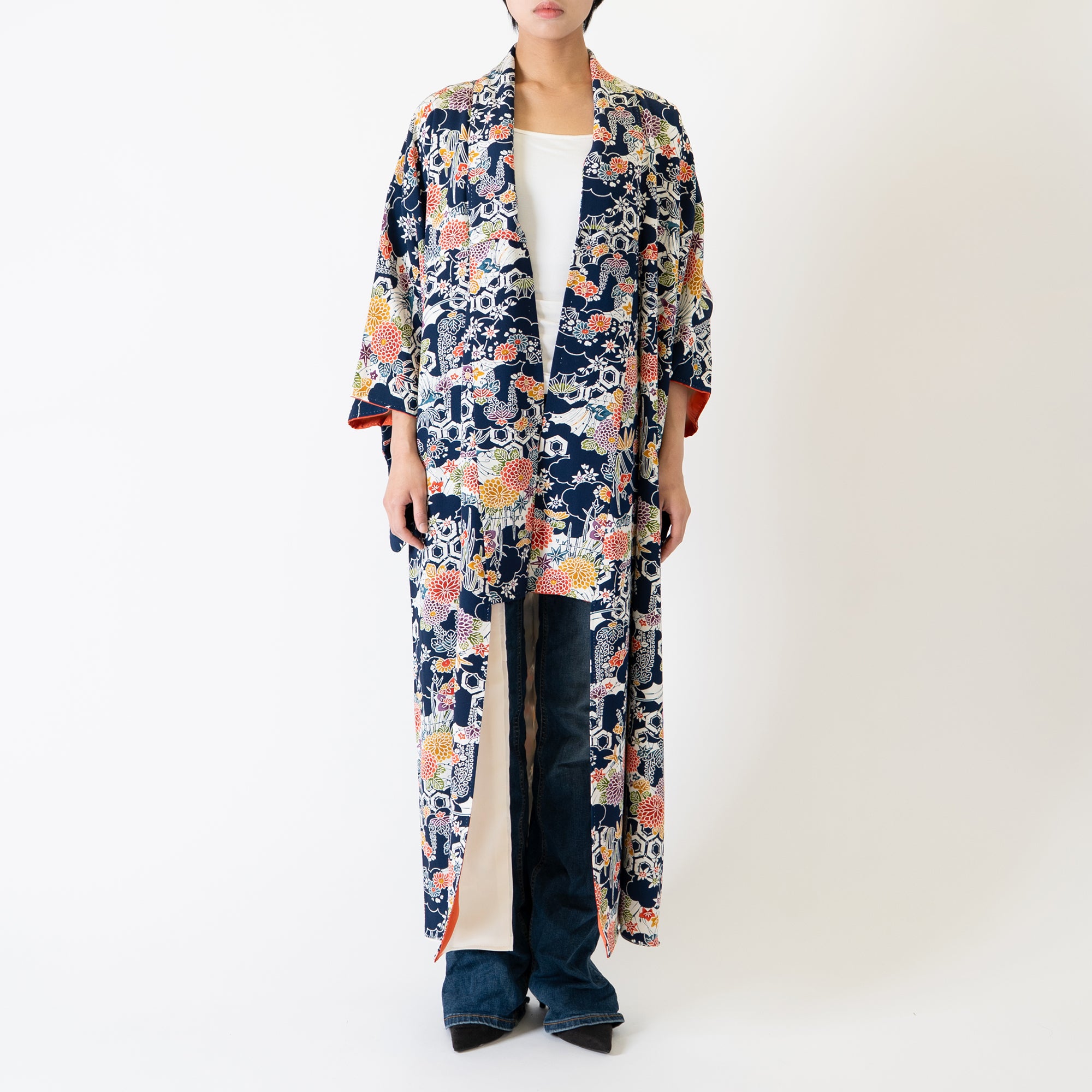 Handcrafted Robe from Vintage Kimono - Navy Blue Floral Design "Bingata"-Dyed D013