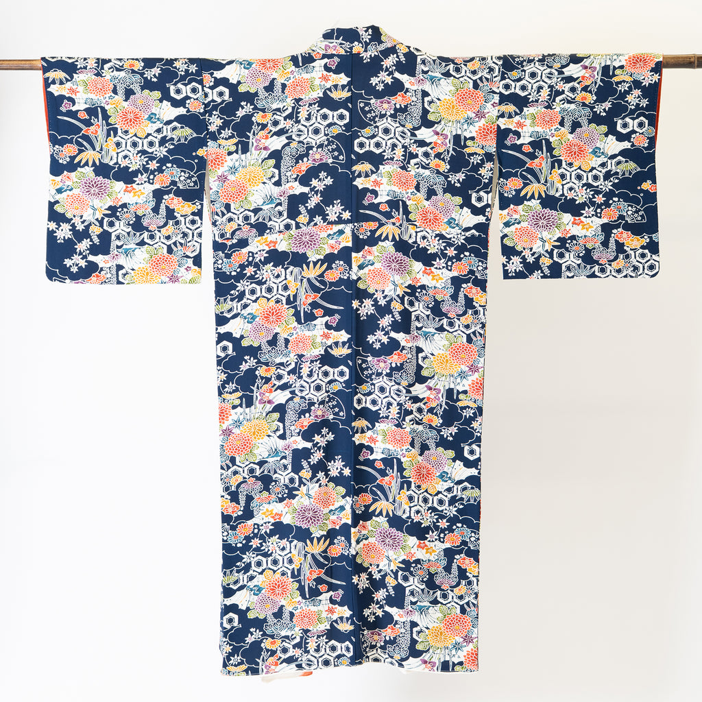 Handcrafted Robe from Vintage Kimono - Navy Blue Floral Design "Bingata"-Dyed D013