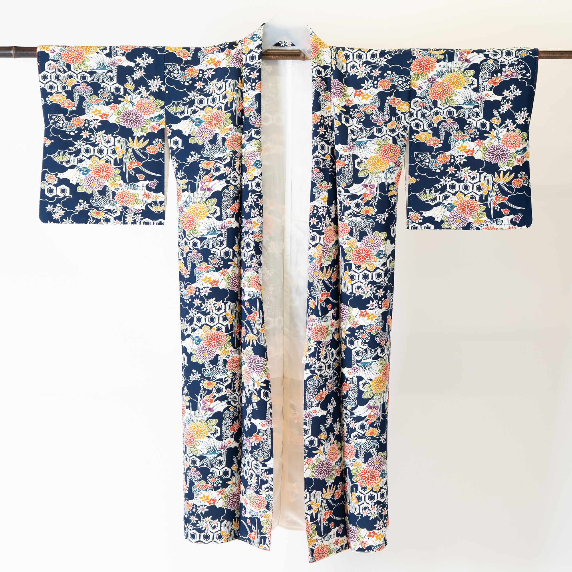 Handcrafted Robe from Vintage Kimono - Navy Blue Floral Design "Bingata"-Dyed D013