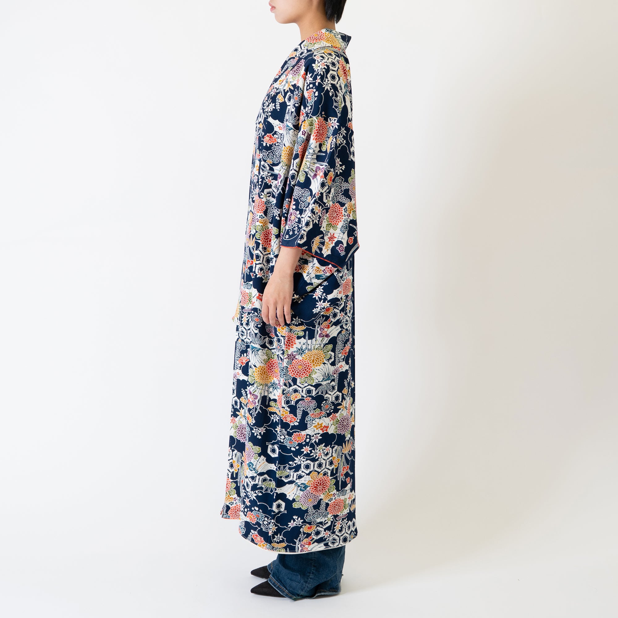 Handcrafted Robe from Vintage Kimono - Navy Blue Floral Design "Bingata"-Dyed D013