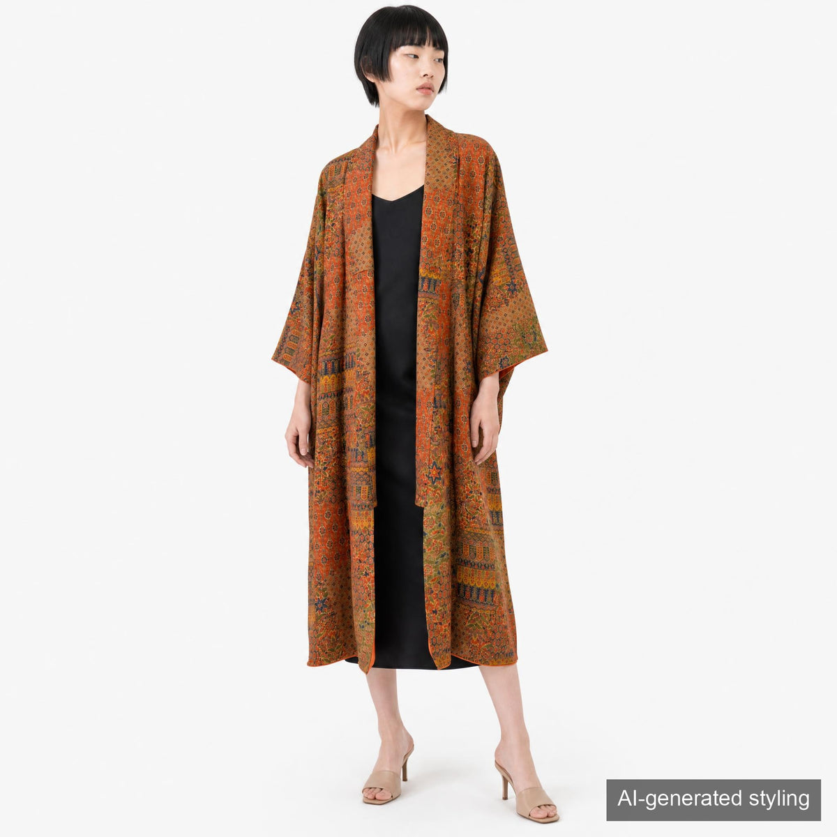 Handcrafted Robe from Vintage Kimono - Orange Calico Design D014