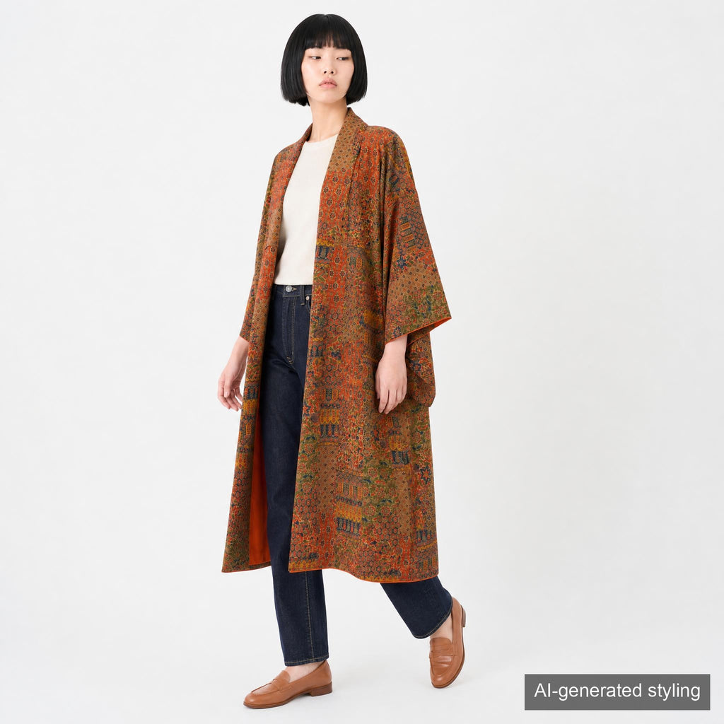 Handcrafted Robe from Vintage Kimono - Orange Calico Design D014