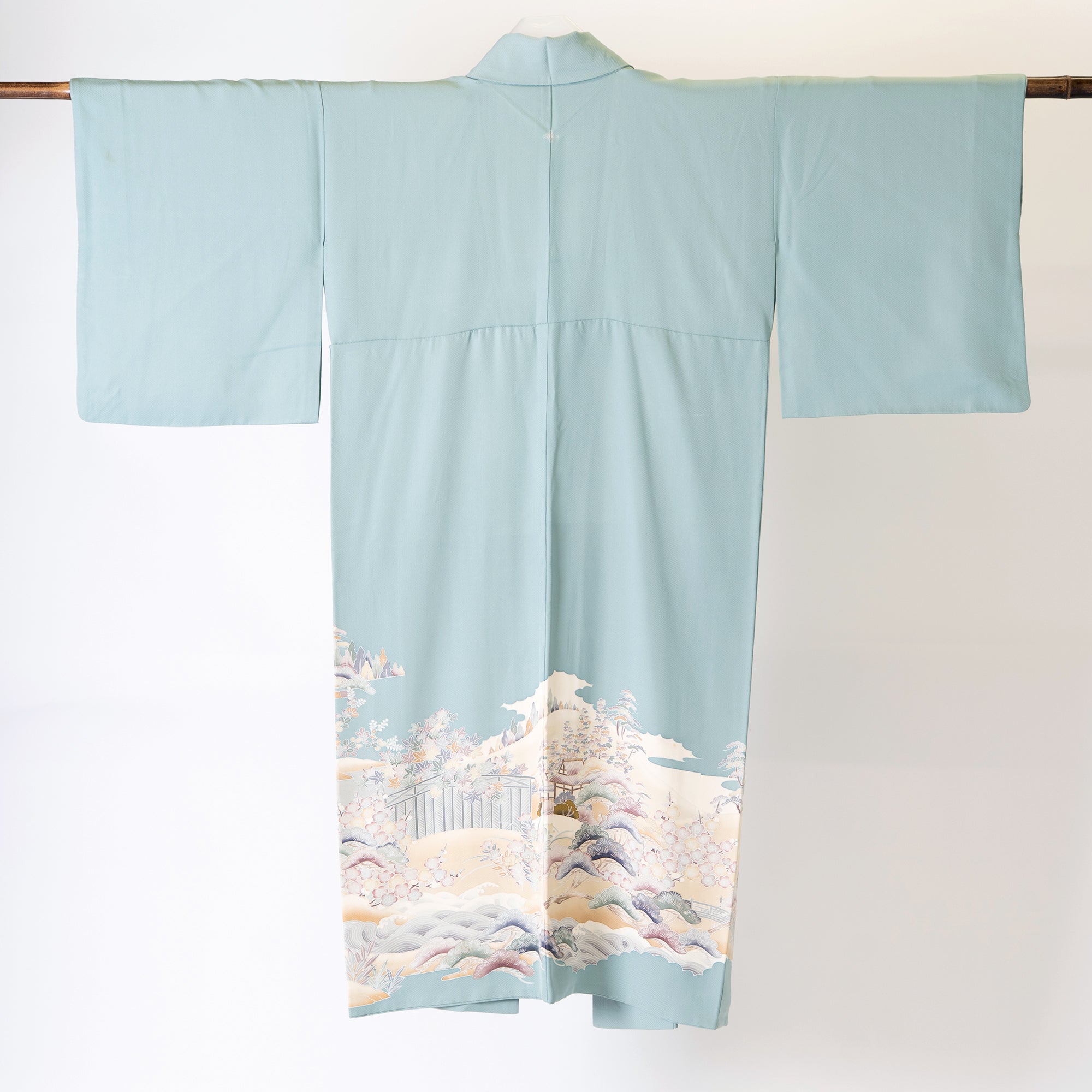 Handcrafted Robe from Vintage Kimono - Light Blue Grass Pine Design D016