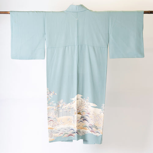 Handcrafted Robe from Vintage Kimono - Light Blue Grass Pine Design D016