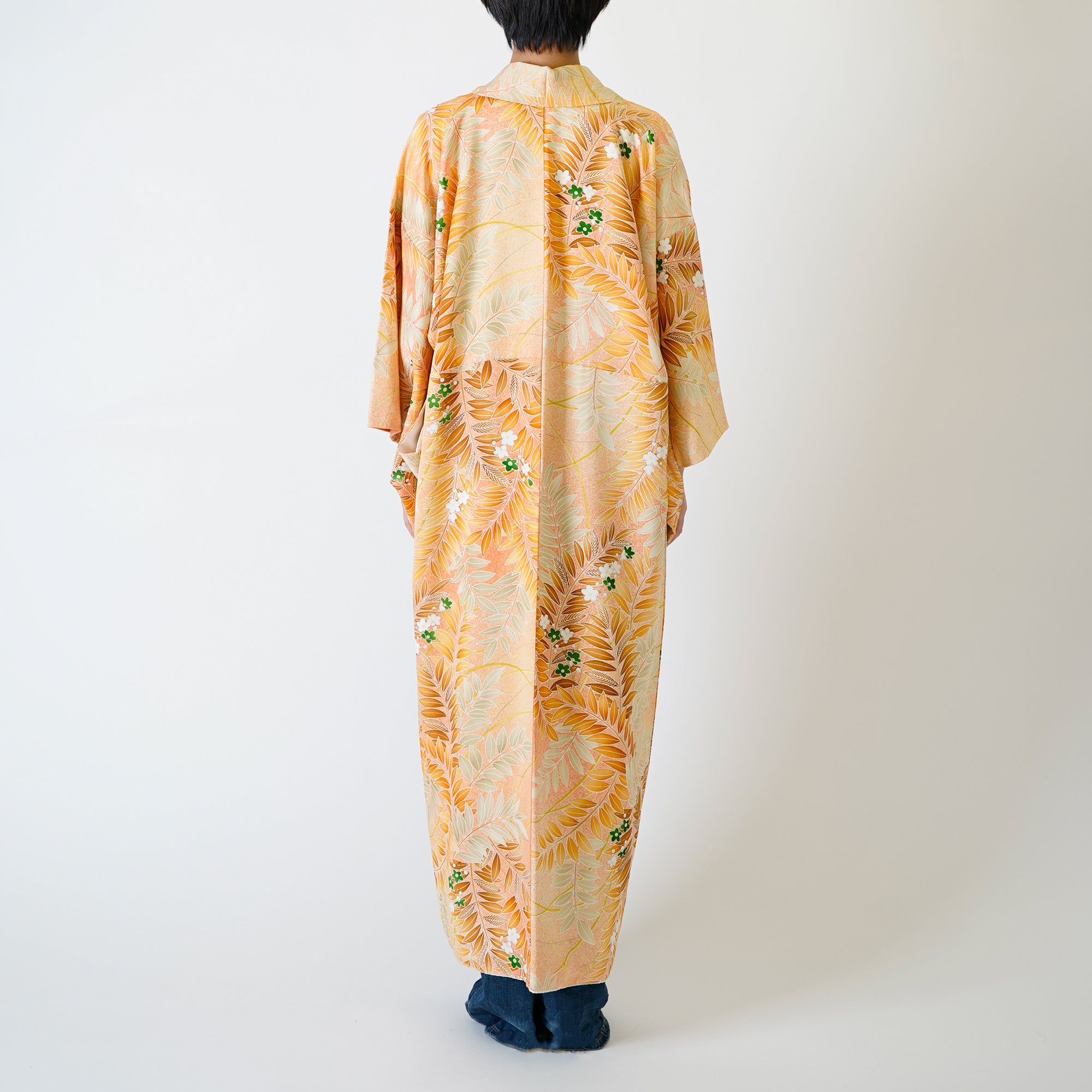 Handcrafted Robe from Vintage Kimono - Orange Botanical Pattern D020