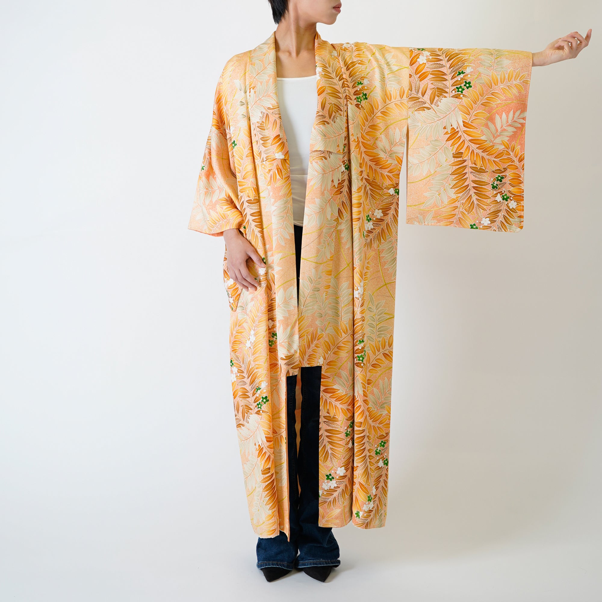 Handcrafted Robe from Vintage Kimono - Orange Botanical Pattern D020