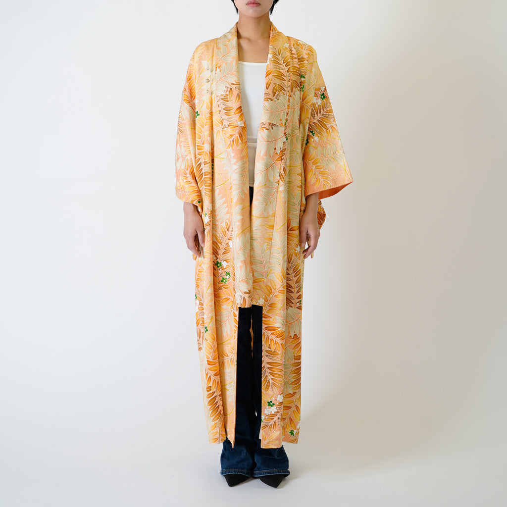 Handcrafted Robe from Vintage Kimono - Orange Botanical Pattern D020