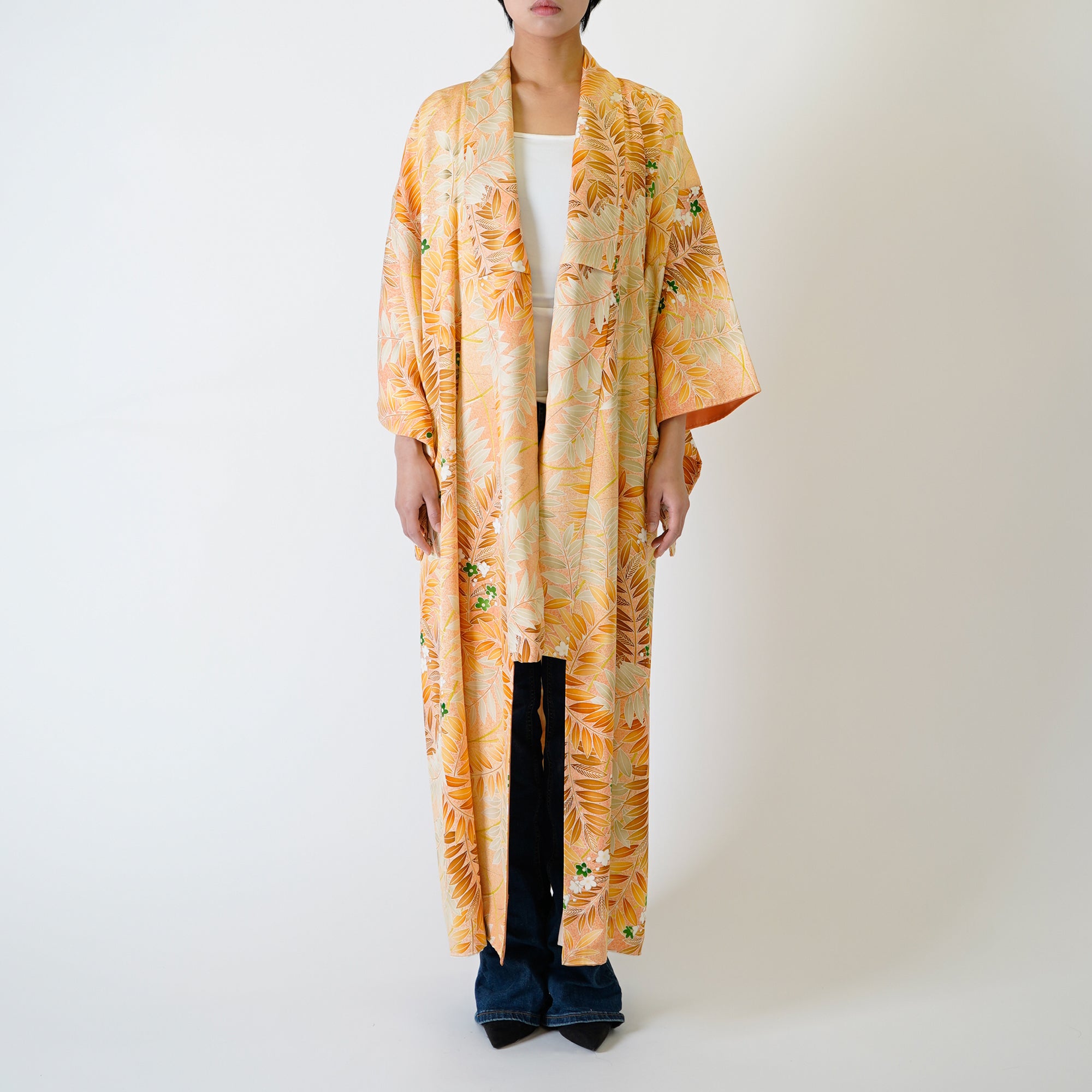 Handcrafted Robe from Vintage Kimono - Orange Botanical Pattern D020