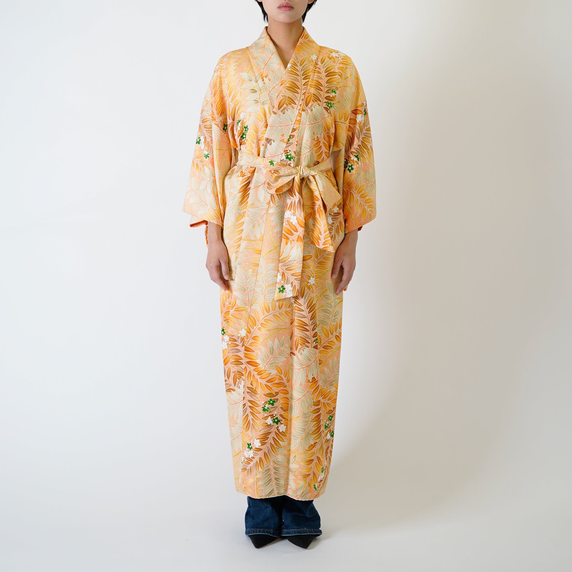 Handcrafted Robe from Vintage Kimono - Orange Botanical Pattern D020