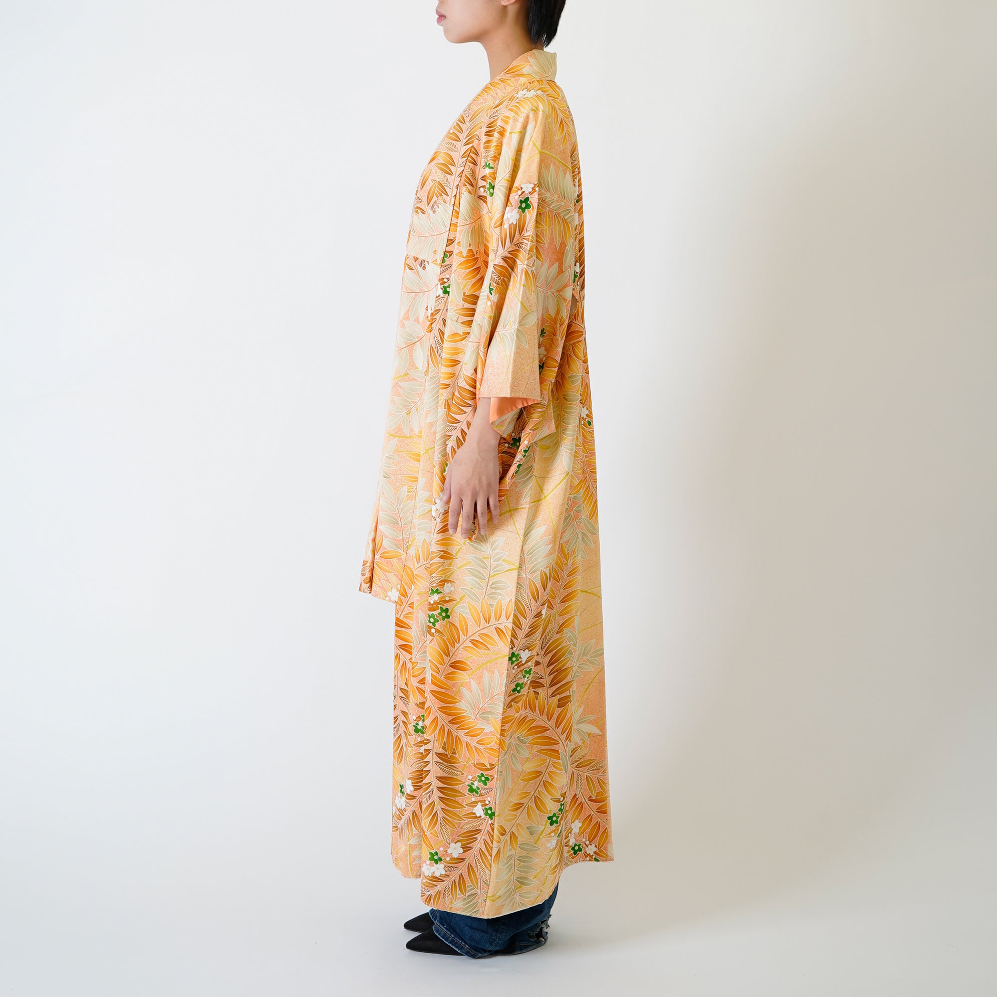 Handcrafted Robe from Vintage Kimono - Orange Botanical Pattern D020