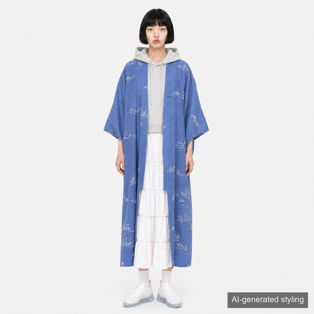 Handcrafted Robe from Vintage Kimono - Blue Tree Leaves Motifs D023