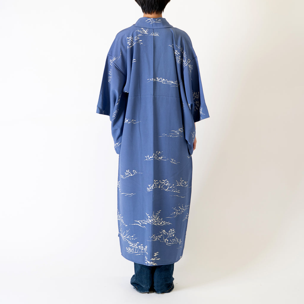 Handcrafted Robe from Vintage Kimono - Blue Tree Leaves Motifs D023