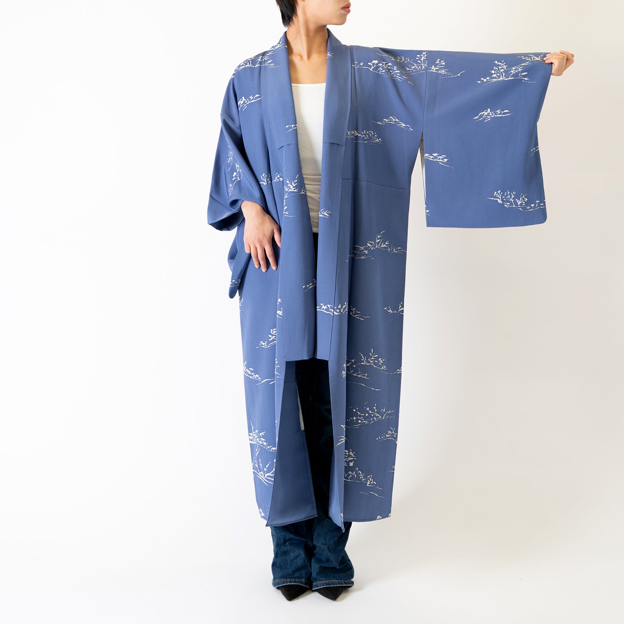 Handcrafted Robe from Vintage Kimono - Blue Tree Leaves Motifs D023